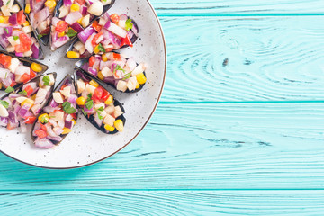 Traditional  Peruvian food background with mussels