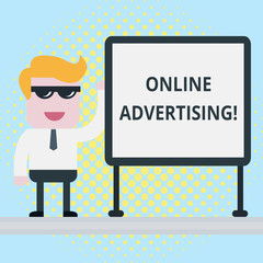 Text sign showing Online Advertising. Business photo showcasing Internet Web Marketing to Promote Products and Services Businessman Office Worker Sunglasses Blank Whiteboard Meeting Presentation