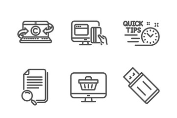 Search file, Copywriting notebook and Web shop icons simple set. Quick tips, Online payment and Usb flash signs. Find document, Writer laptop. Technology set. Line search file icon. Editable stroke