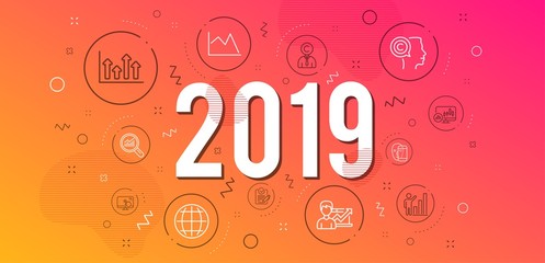 Infographic concept. Globe, Line chart and Face biometrics icons simple set. Copyrighter, Upper arrows and Candlestick chart signs. Rfp, Writer and Touch screen symbols. Vector