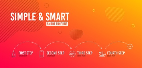 Infographic timeline. Smartphone, Refund commission and Whiskey bottle icons simple set. Household service sign. Cellphone or phone, Cashback card, Scotch alcohol. Cleaning equipment. Vector