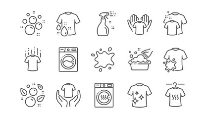 Laundry line icons. Dryer, Washing machine and dirt shirt. Laundromat, hand washing, laundry service icons. Linear set. Vector