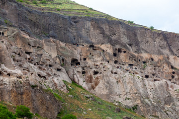 View of Vardzia caves. Vardzia is a cave monastery site in southern Georgia, excavated from the slopes of the Erusheti Mountain on the left bank of the Kura River