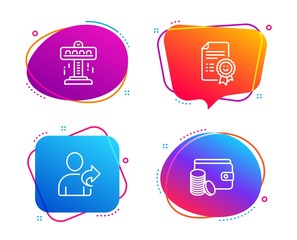 Smile, Attraction and Refer friend icons simple set. Payment method sign. Certificate, Free fall, Share. Wallet with coins. Speech bubble smile icon. Colorful banners design set. Vector