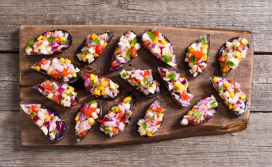 Traditional  Peruvian food background with mussels