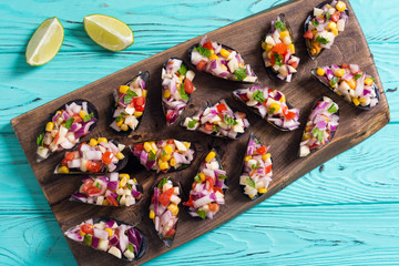 Traditional  Peruvian food background with mussels
