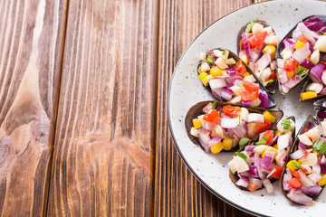 Traditional  Peruvian food background with mussels