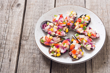 Traditional  Peruvian food background with mussels