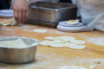 Dim Sum chefs working wrapping dumplings at famous restaurant in Taiwan.