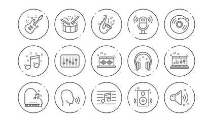 Music line icons. Guitar, Musical note and Headphones. Jazz saxophone linear icon set. Line buttons with icon. Editable stroke. Vector