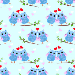 Cute Owl on branch with heart shape seamlwss pattern.