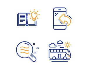 Skin condition, Incoming call and Product knowledge icons simple set. Bus travel sign. Search magnifier, Phone support, Education process. Transport. Linear skin condition icon. Colorful design set