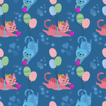 Cute cat lovers with heart shape seamless pattern