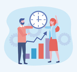 businessman and businesswoman with clock and statistics bar