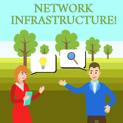 Naklejka premium Word writing text Network Infrastructure. Business photo showcasing Hardware and Software resources In and Out Connection Business Partners Colleagues Jointly Seeking Problem Solution Generate Idea