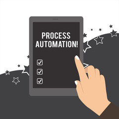 Handwriting text Process Automation. Conceptual photo Transformation Streamlined Robotic To avoid Redundancy Female Hand with White Polished Nails Pointing Finger Tablet Screen Off