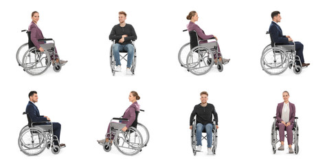Set of people in wheelchairs on white background