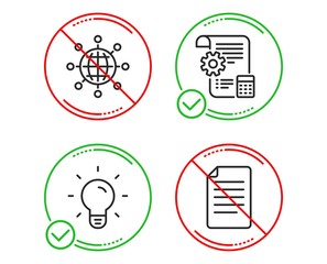 Do or Stop. International globe, Light bulb and Settings blueprint icons simple set. File sign. World networking, Lamp energy, Report document. Paper page. Science set. Vector