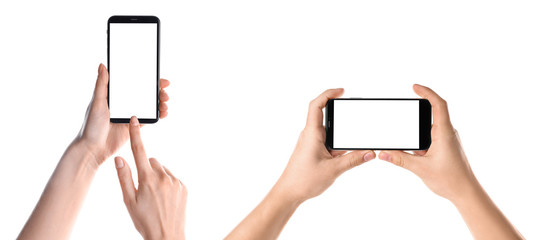 Set with people holding smartphones on white background, closeup of hands. Space for text