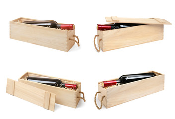 Set of wooden crates with wine on white background