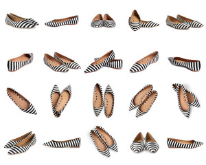 Set of stylish striped female shoes on white background