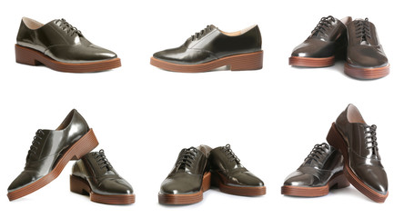 Set of elegant shoes on white background