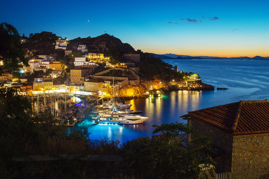 Port  and  bay  at wonderful greek Hydra island..Sunset.