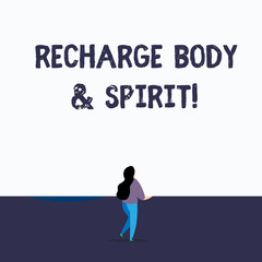 Handwriting text writing Recharge Body And Spirit. Conceptual photo fill your energy through relaxation and having fun Back view young long hair woman holding blank square announcement design