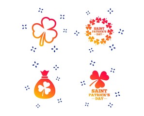 Saint Patrick day icons. Money bag with clover sign. Wreath of trefoil shamrock clovers. Symbol of good luck. Random dynamic shapes. Gradient clover icon. Vector