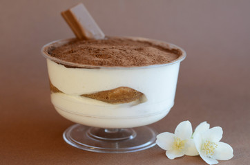  Tiramisu dessert in a transparent plate close-up on a coffee and chocolate background