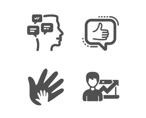 Set of Messages, Social responsibility and Like icons. Success business sign. Notifications, Hand, Thumbs up. Growth chart.  Classic design messages icon. Flat design. Vector
