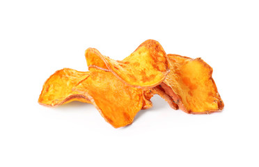 Fototapeta premium Pile of sweet potato chips isolated on white