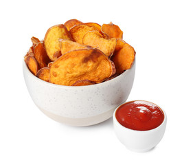 Bowl of sweet potato chips with sauce isolated on white