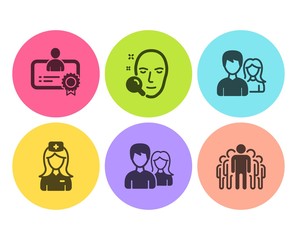 Face search, Hospital nurse and Certificate icons simple set. Couple, Teamwork and Group signs. Find user, Medical assistant. People set. Flat face search icon. Circle button. Vector