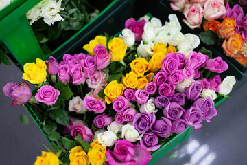 Close up view of beautiful flowers mix in the box. Unpacking and deliver flowers. Small business.