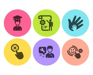 Repairman, Settings blueprint and Social responsibility icons simple set. Student, Reject click and Customer satisfaction signs. Repair service, Engineering cogwheel. People set. Flat repairman icon