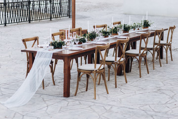 Eco-friendly, wedding decor. Wooden table newlyweds for a party.
