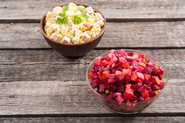 Traditional Russian salad olivier andvinaigrette