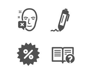 Set of Face declined, Discount and Signature icons. Help sign. Identification error, Special offer, Written pen. Documentation.  Classic design face declined icon. Flat design. Vector