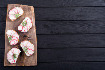 Healthy vegetable toasts sandwith with radish and dill