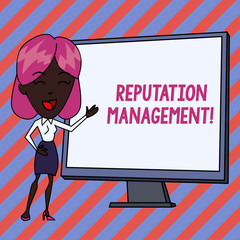 Conceptual hand writing showing Reputation Management. Concept meaning Influence and Control the Image Brand Restoration White Female in Standing Pointing Whiteboard Presentation