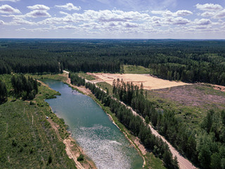 Fototapeta na wymiar aerial drone view of green lake in forest area