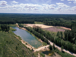 Fototapeta na wymiar aerial drone view of green lake in forest area