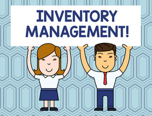 Text sign showing Inventory Management. Business photo showcasing Overseeing Controlling Storage of Stocks and Prices Two Smiling People Holding Big Blank Poster Board Overhead with Both Hands