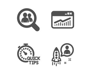 Set of Website statistics, Quick tips and Search employees icons. Startup sign. Data analysis, Helpful tricks, Staff analysis. Developer.  Classic design website statistics icon. Flat design. Vector