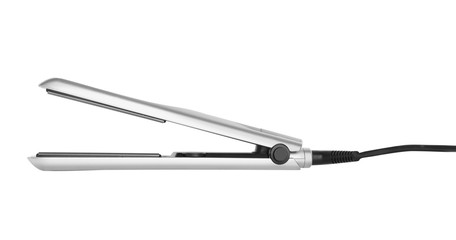 Modern hair iron for straightening on white background