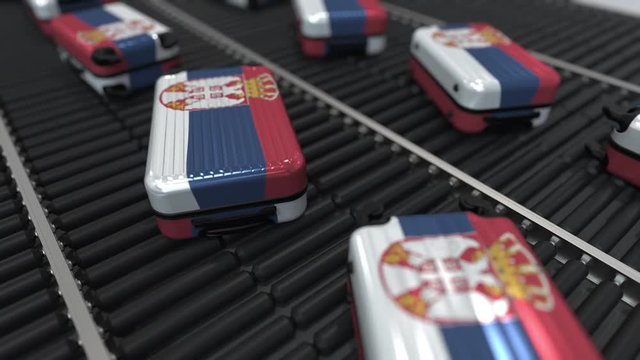 Many travel suitcases featuring flag of Serbia on roller conveyer. Serbian tourism conceptual animation