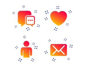 Social media icons. Chat speech bubble and Mail messages symbols. Love heart sign. Human person profile. Random dynamic shapes. Gradient speech bubble icon. Vector