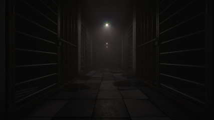 Dimly Illuminated Prison Corridor 3D Rendering