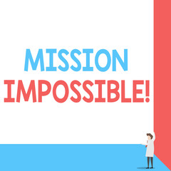 Handwriting text Mission Impossible. Conceptual photo Difficult Dangerous Assignment Isolated Unimaginable Task Front view young woman holding two hands right corner big blank rectangle